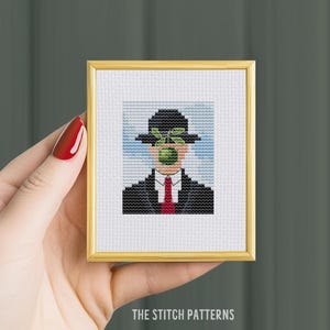 Mini "The son of man", cross stitch patterns, René Magritté, mini cross stitch, modern cross sttich, mini art, textile art patterns,gift art