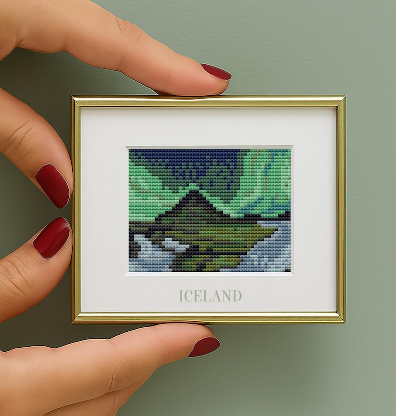 Iceland Northern Lights Cross Stitch Pattern: Mini Travel Souvenir (PDF Digital Download) counted chart image 1