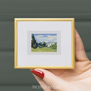 May include: A framed cross-stitch pattern of a landscape with a house, trees, and a blue sky. The cross-stitch is in a gold frame.