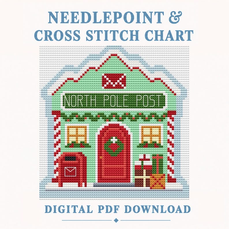 May include: A needlepoint and cross stitch chart digital PDF download featuring a pixelated North Pole Post building. The design includes a mint green structure with a red door, a red mailbox, wrapped gifts, and the text North Pole Post.