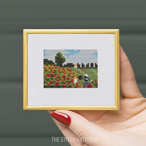 Modern cross stitch pattern, Small Claude Monet, Poppy field paint gin, Miniature art , mini cross stitch, small cross stitch, PDF Pattern