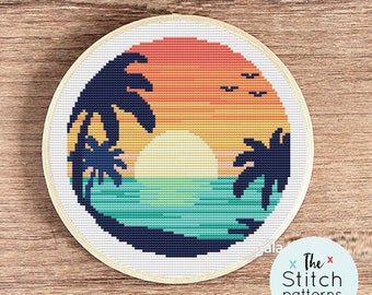 Summer landscape cross stitch pattern,  california cross stitch, ocean modern cross stitch pattern, PDF, instant download, home cross stitch