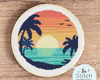 Summer Sunset Ocean Cross Stitch Pattern, California Beach Palm Trees (PDF Download)