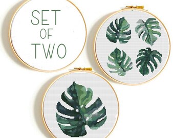 Set of 2 Beginner Monstera Cross Stitch Patterns (PDF Download)