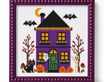 Schema per punto croce di una casa stregata di Halloween, schema per ricamo, ricamo spettrale per principianti, ricamo a conteggio, download digitale in PDF.