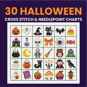 May include: A collection of 30 Halloween cross stitch and needlepoint charts displayed in a grid. The icons include a pumpkin, ghost, witch hat, black cat, bat, candy corn, haunted house, potion, skull, bow, spider, candy, cauldron, moon, skeleton, broom, owl, tombstone, mummy, jack-o'-lantern, boot, candelabra, vampire, crow, book, apple, mushroom, cupcake, and scarecrow.