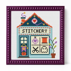 May include: A cross-stitch pattern in a dark purple beaded frame depicting a light blue building labeled STITCHERY. The design features a door with a pumpkin, a window with icons of a needle, thread, scissors, and a ghost, and a potted plant.