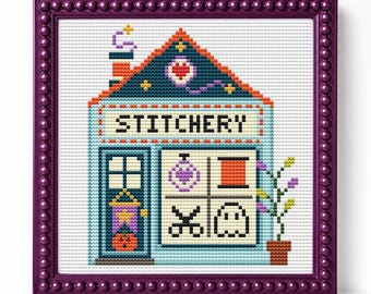 Schema per punto croce di Halloween Stitchery shop, download PDF dello schema digitale di Frontstore Shop, ricamo a punto croce a tema casa stregata, disegno per principianti