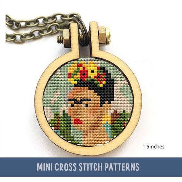 Mini Frida Kahlo Kette, kleine Mini Kunst, Frida Geschenk Diy, Stickvorlage Frida, thestitchpatterns,Miniatur