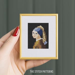 Mini-meesterwerken, kleine kunst kruissteekpatroon, Meisje met de parel, Vermeer Beroemde kunst miniatuur schilderen kruissteek eenvoudige kaart