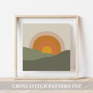 Sonnenuntergang Landschaft Modernes Kreuzstichmuster PDF, Berge gezählt Kreuzstichvorlage, Natur Kreuzstich Stickerei Handstickerei