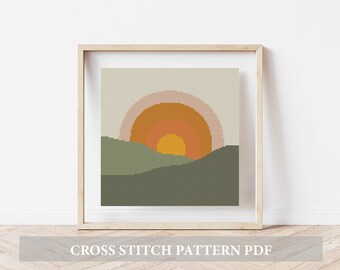 Sunset Landscape Modern Cross Stitch Pattern PDF, Mountains Counted Cross Stitch Chart, Nature cross stitch  Embroidery  hand embroidery