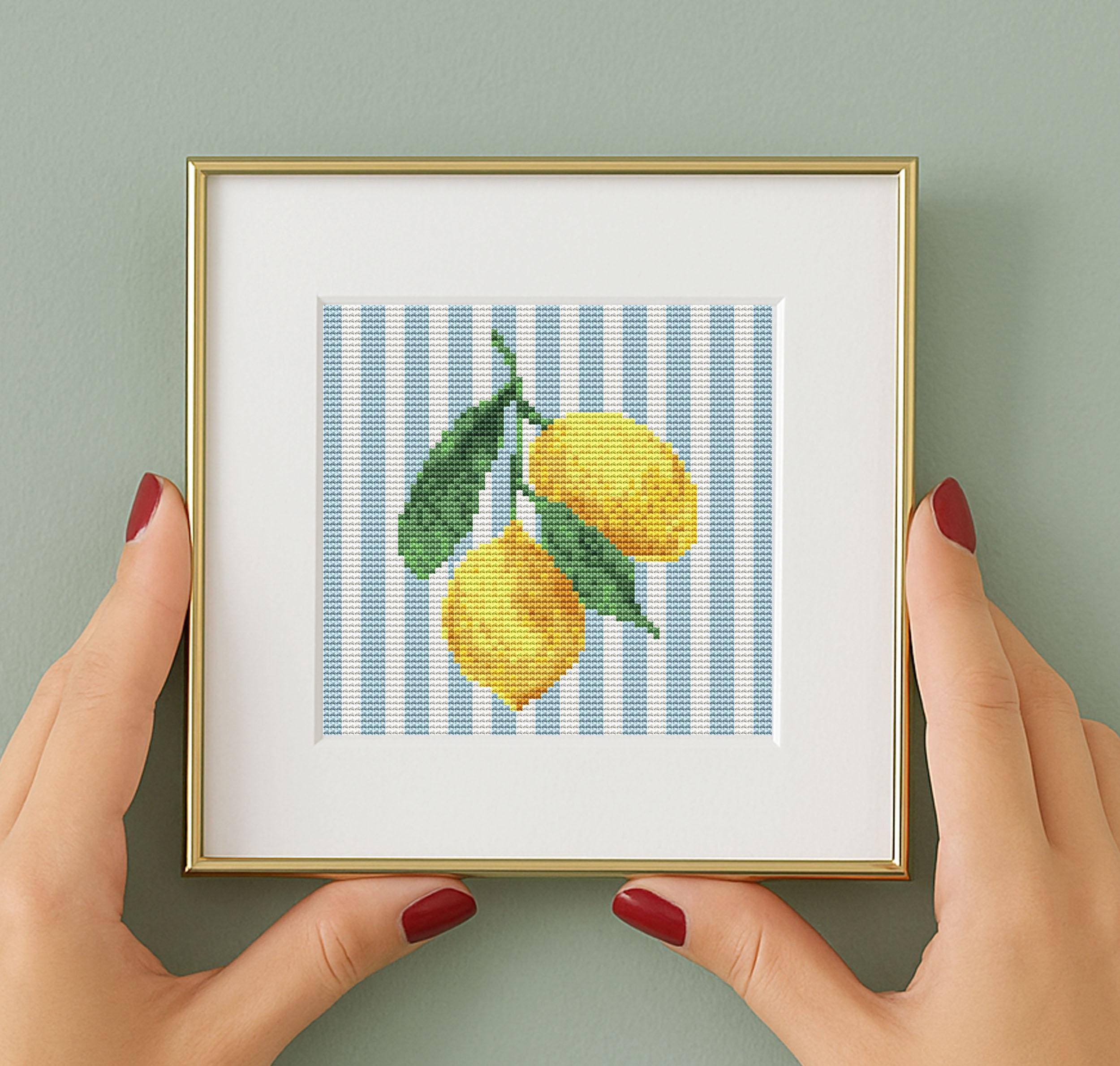Lemons Cross Stitch Pattern, kitchen decor,  PDF Instant Download, Citrus Fruit stitch chart, striped design, Summer counted stitch chart