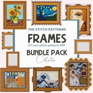 FRAMES CROSS STITCH patterns, super pack, 6 mini frames for mini masterpieces, pdf patterns, beginner friendly, art cross stitch, mini art