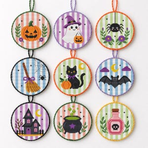 Halloween Cross Stitch Patterns, Set of 9 Beginner counted chart,  Ornament Needlepoint digital Autumn Craft Handmade Decoration Spooky Home