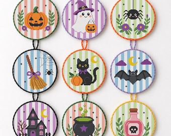 Schemi per punto croce di Halloween, set di 9, schema contato per principianti, ornamento, ricamo digitale autunnale, decorazione fatta a mano, spettrale per la casa