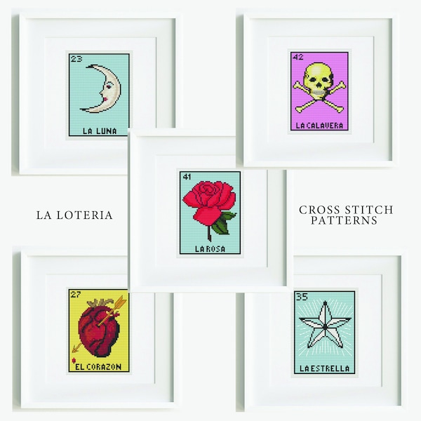 LA LOTERIA, cross stitch cards, Set of 5 patterns, Mexican game, vintage illustration charts, digital patterns, beginner friendly, DIY gift
