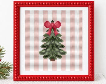 Christmas Tree Cross Stitch Pattern, Pink Striped Needlepoint Chart, Coquette Holiday Needlework, Beginner Project, PDF Instant Download