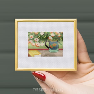 Mini Cross Stitch Pattern ART, Vase with Oleanders and Books, Van Gogh cross stitch, Famous painting cross stitch PDF Tiny Miniature art