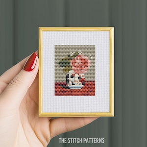 Mini Cross Stitch Pattern ART &quot;Garden Rose and Blue Forget Me Not in a Vase&quot; Gustave Caillebotte Famous painting Small Tiny Miniature art