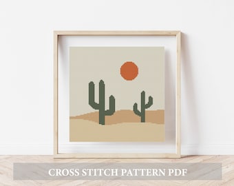 Cactus and desert cross stitch modern pattern, Desert cross stitch pattern, sunset cross stitch, landscape cross stitch,sunrise cross stitch
