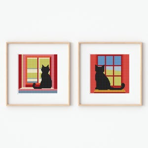 Conjunto de dos patrones de punto de cruz de gato negro, punto de cruz de gato, bordado de ventana, principiante, bordado de gato en punto de cruz, gráfico de puntadas contadas