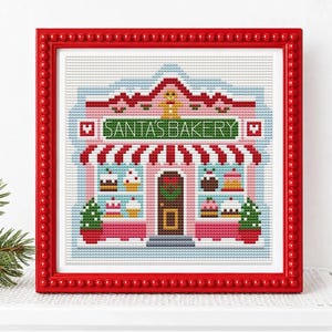 Patrón de punto de cruz de panadería navideña en PDF, descarga instantánea, gráfico para principiantes, proyecto de manualidades navideñas, panadería de Santa Village Needlepoint
