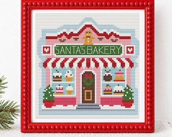 Schema per punto croce "Panetteria di Natale" in formato PDF, download immediato, progetto creativo per principianti, villaggio di Babbo Natale, ricamo a punto croce, negozio di panetteria