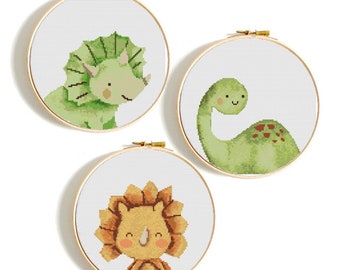 Set of 3 Dinosaur Cross Stitch Patterns, Dino Embroidery PDF (Digital Download)