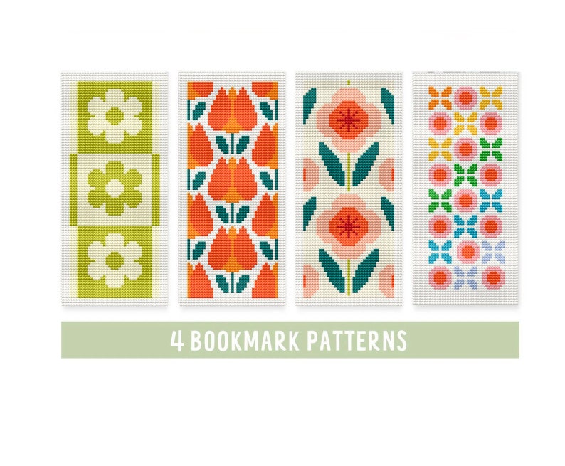 4 Bookmarks Cross Stitch Patterns, beginners, retro bookmarks Cross Stitch Pattern, easy Bookmark Embroidery Pattern, PDF file, xstitch gift image 1