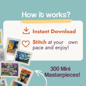 Small Cross Stitch Projects Mini Artwork Patterns Famous Paintings Collection Digital Download Beginner Friendly Instructions Clear Charts Simple Stitches Colorful Designs Van Gogh Reproductions Tiny Masterpieces Completed Size Compact