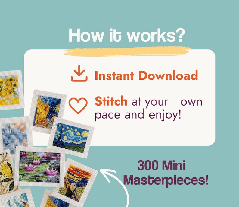 Small Cross Stitch Projects Mini Artwork Patterns Famous Paintings Collection Digital Download Beginner Friendly Instructions Clear Charts Simple Stitches Colorful Designs Van Gogh Reproductions Tiny Masterpieces Completed Size Compact