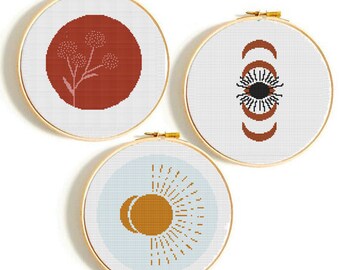 Cross stitch pattern PDF modern, Set of 3, home cross stitch, crafts for beginners, funny cross stitch, cross stitch, sun cross stitch, moon