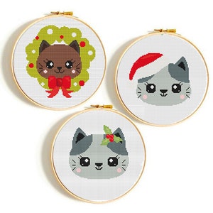 Modèle de point de croix de Noël Ensemble de chats Joyeux Noël Point de croix compté Chat Père Noël Cadeau de Noël DIY Carte de Noël Facile à compter