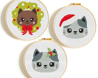 Christmas cross stitch pattern Cats set Merry Christmas Counted cross stitch Cat Santa Claus Christmas DIY gift Christmas Card Easy counted