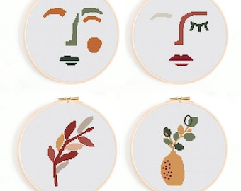 Modern cross stitch pattern, face cross stitch pattern. plants cross stitch pattern. Hand embroidery hoop art, abstract cross stitch,neutral