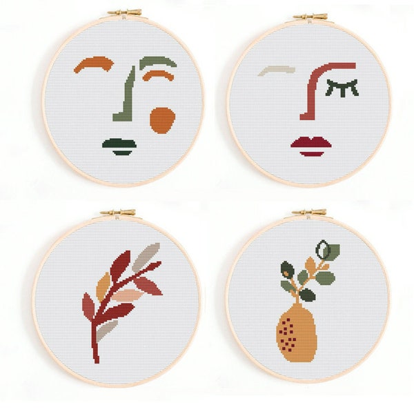 Modern cross stitch pattern, face cross stitch pattern. plants cross stitch pattern. Hand embroidery hoop art, abstract cross stitch,neutral