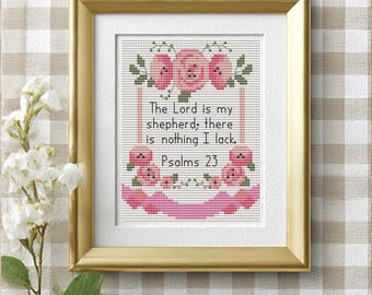 Floral Psalm 23 Cross Stitch Pattern, Christian House Blessing (PDF Pattern) Easy counted chart