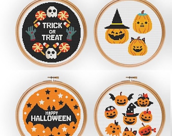 Halloween counted cross stitch pattern PDF,  fall bat pumpkin ghost cat candy holiday, instant download,halloween embroidery, pumpkin stitch