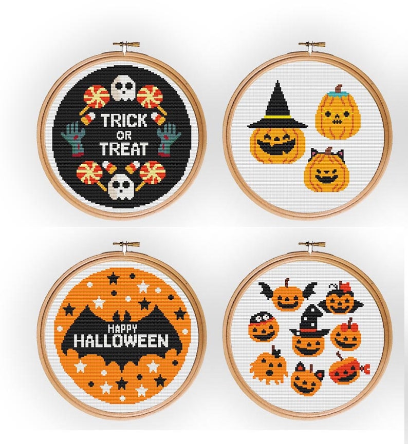 Halloween Counted Cross Stitch Pattern PDF, Fall Bat Pumpkin Ghost Cat ...