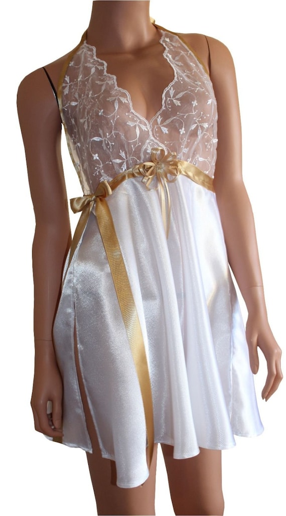 Elegant White Satin and Organza Night Gown Fantasy Nightwear Baby Doll with side Slit