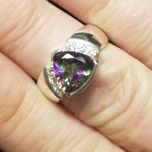 Mystic topaz sterling silver wedding engagement, size 7. 9 mm trillion, 2.5 cts.