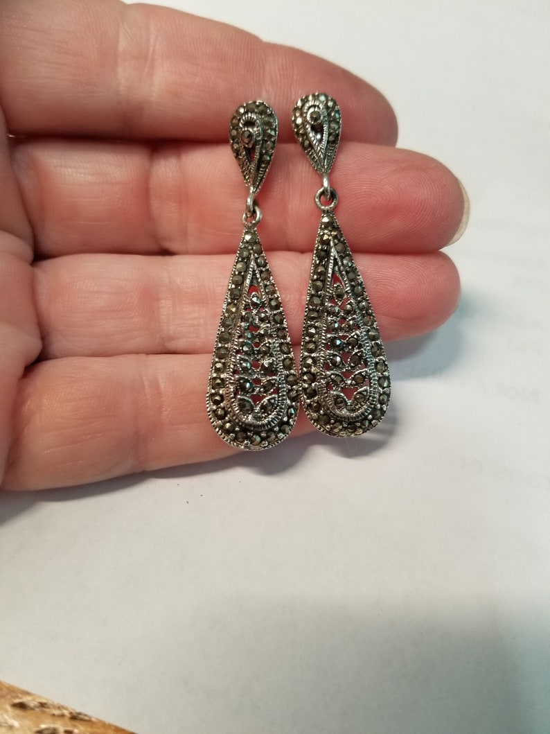 Boucles D'oreilles Anciennes Clip En Argent Massif 925 Avec Marcassite - Occasion En Excellent état