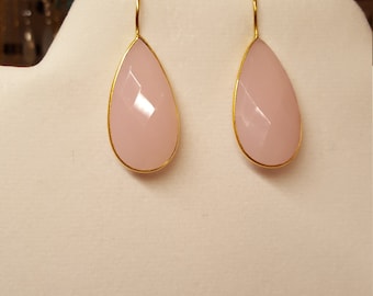 Pink chalcedony earrings with gold plated bezel and hook