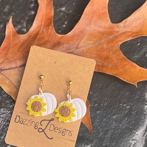 White Pumpkin Sunflower Polymer Clay Earrings - Autumn Dangle Earrings