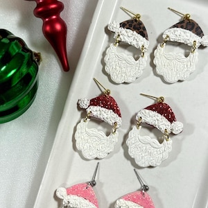 Santa Earrings with Leopard Hat, Glitter Santa Earrings, Pink or Red Hats, Christmas Polymer Clay Jewelry, Holiday Gift for Women