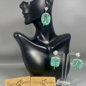 Handmade Tufted Clay Earring - Blue Clay Pearl Earrings - Earring with Silver Bow Charm - Marble Clay Studs - Polymer Clay Earrings