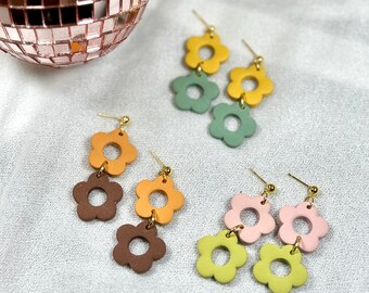 70s-Inspired Polymer Clay Flower Dangle Earrings - Retro Vintage Style Jewelry
