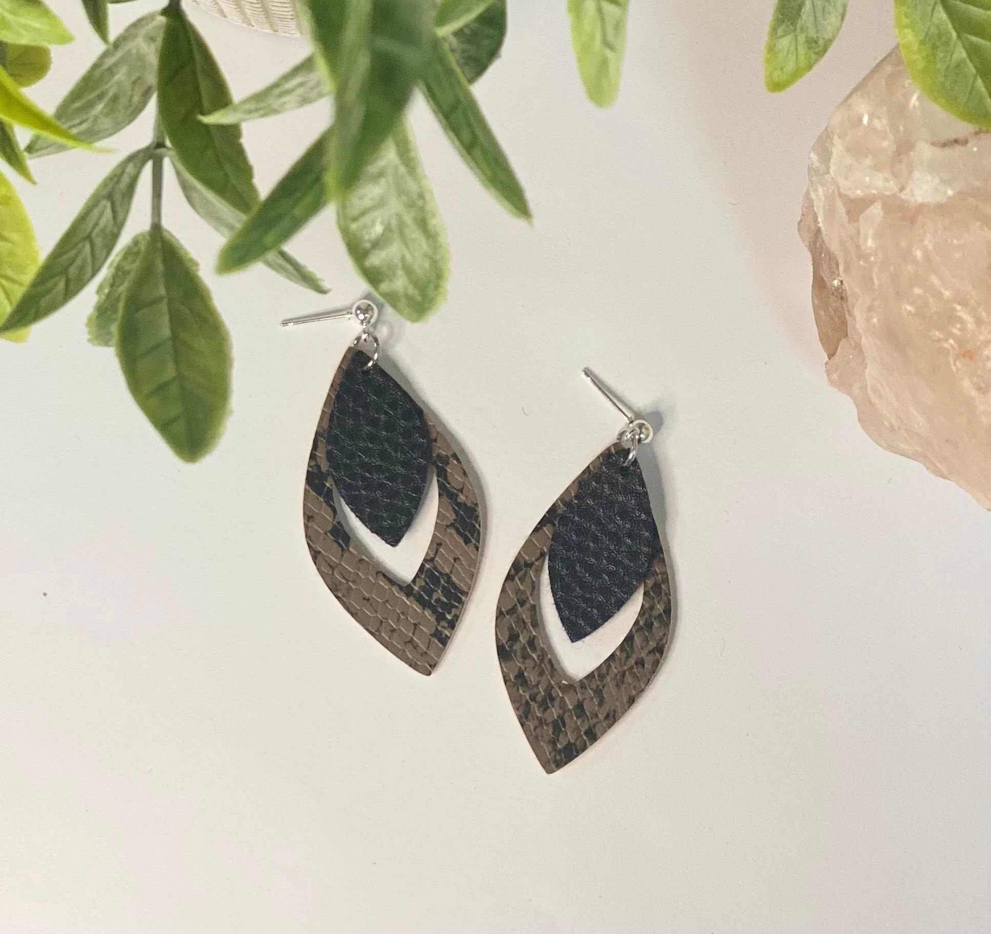 The Clip On Shop Multi-Chain Clip-On Earrings – Faux Leather Snakeskin Print (Pink/Green/Blue)