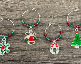 Christmas Wine Glass Charms, Holiday Hostess Gift, Set of 4